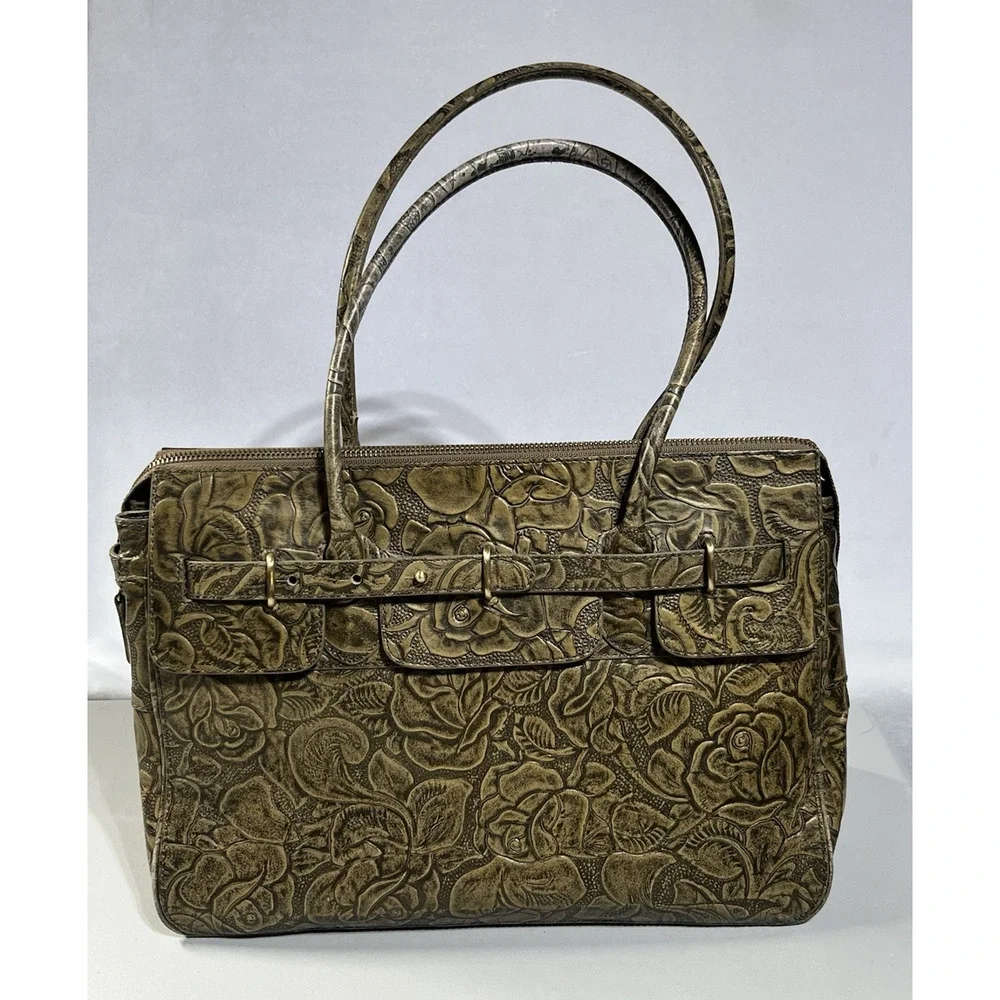 Maxx New York Floral Embossed Patent Leather Satchel Gold Zip Top Shoulder Bag